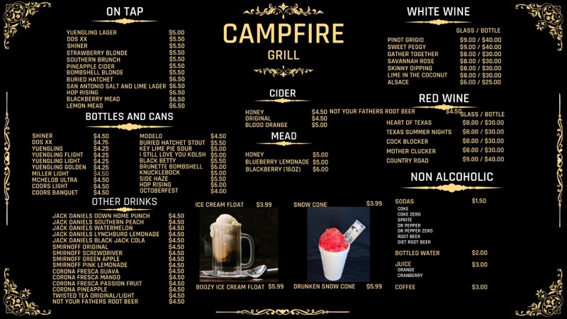 Campfire Grill Menu Hand Held Food For Sale Copperas Cove TX   Drink Menu Current 6 15 23 