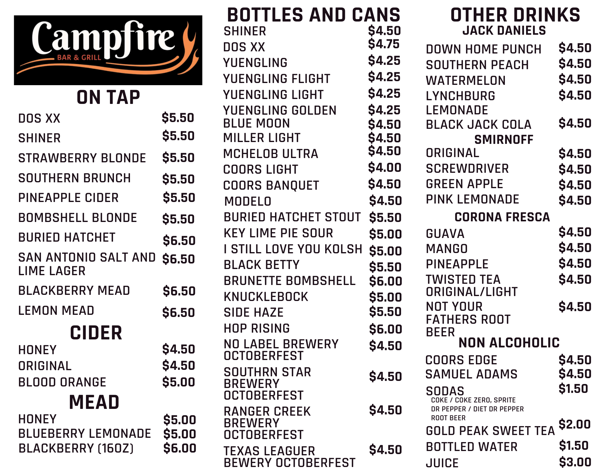 Campfire Grill Menu, Hand Held Food For Sale Copperas Cove, TX